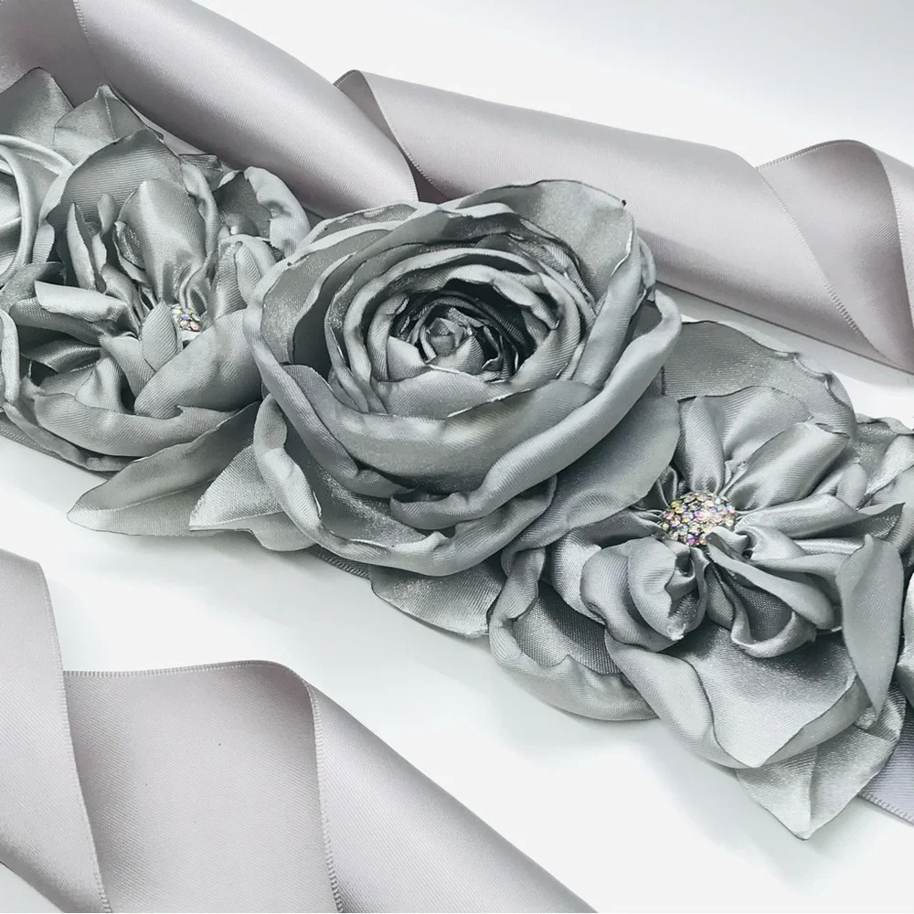 Handmade Couture Silver Satin Floral Bridal Sash Belt | Wedding • Maternity
